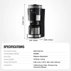 VEVOR Coffee Maker With Grinder, 8 Cup Programmable Coffee Machine, Grind And Brew Coffee Maker With 24-Hour Timer For Auto Brew, Reusable Filter -Aesthtic Interiors GUEST ece99ea2 4fd0 40cd b0ec a4698e058146
