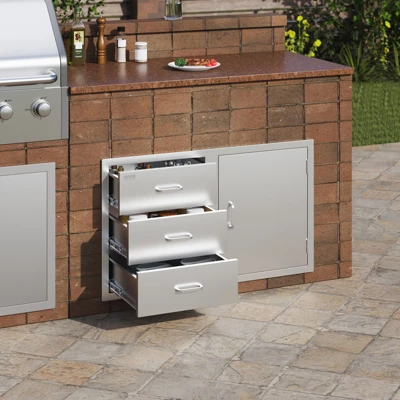 VEVOR Outdoor Kitchen Door Drawer Combo 38.1''W X 22.6''H X 20.8''D, BBQ Access Door/Triple Drawers Combo With Stainless Steel Handles, Silver 1 VEVOR Outdoor Kitchen Door Drawer Combo 38.1''W X 22.6''H X 20.8''D, BBQ Access Door/Triple Drawers Combo With Stainless Steel Handles, Silver