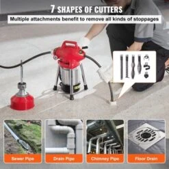 VEVOR Drain Cleaner Machine 66FT X 5/8 Inch, 250W Electric Sewer Snake Auger Manual Feed - With 2 Sectional Steel Cables, Red -Aesthtic Interiors GUEST f0204ee1 5514 45c0 b953 954054b6dd50