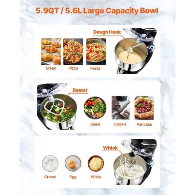 VEVOR 3-in-1 Multifunctional Stand Mixer, 6QT Stainless Steel Bowl, 660W 6+P Speeds Tilt-head Food Mixer, Black 4 VEVOR 3-in-1 Multifunctional Stand Mixer, 6QT Stainless Steel Bowl, 660W 6+P Speeds Tilt-head Food Mixer, Black - Image 4