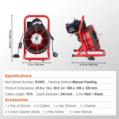 VEVOR Drain Cleaner Machine 75FT X 3/8 Inch, Sewer Snake Auger Manual Feed, 250W Electric Drain Cleaning Machine, Red 7 VEVOR Drain Cleaner Machine 75FT X 3/8 Inch, Sewer Snake Auger Manual Feed, 250W Electric Drain Cleaning Machine, Red - Image 7