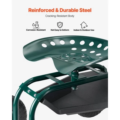 VEVOR Rolling Garden Cart With Swivel Seat, Heavy Duty Garden Seat With Storage Basket & Tool Tray, 300 Lbs Weight Capacity, Green 5 VEVOR Rolling Garden Cart With Swivel Seat, Heavy Duty Garden Seat With Storage Basket & Tool Tray, 300 Lbs Weight Capacity, Green - Image 5