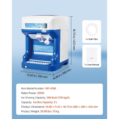 VEVOR Commercial Ice Shaver Crusher, 286lbs Per Hour Electric Snow Cone Maker With 2L Ice Cube Box, 250W 1500RPM Tabletop Shaved Ice Machine, Blue 7 VEVOR Commercial Ice Shaver Crusher, 286lbs Per Hour Electric Snow Cone Maker With 2L Ice Cube Box, 250W 1500RPM Tabletop Shaved Ice Machine, Blue - Image 7