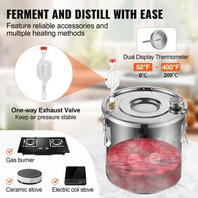 VEVOR Alcohol Still, 5 Gal / 19 L Stainless Steel Water Alcohol Distiller With Copper Coil For Fast Cooling, Dual Condenser Distiller Kit, Silver 3 VEVOR Alcohol Still, 5 Gal / 19 L Stainless Steel Water Alcohol Distiller With Copper Coil For Fast Cooling, Dual Condenser Distiller Kit, Silver - Image 3