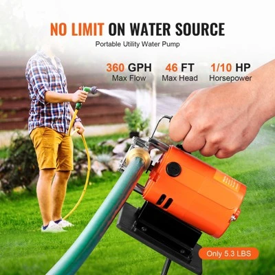 VEVOR Water Transfer Pump, 120V AC 360 GPH 1/10 HP, Portable Electric Utility Pump With 6 Ft Suction Hose Kit, Carbon Brushes, Impeller, Orange 2 VEVOR Water Transfer Pump, 120V AC 360 GPH 1/10 HP, Portable Electric Utility Pump With 6 Ft Suction Hose Kit, Carbon Brushes, Impeller, Orange - Image 2