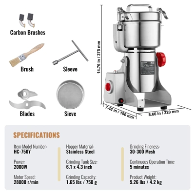 VEVOR 750g Electric Grain Mill Grinder, High Speed 2000W Commercial Spice Grinders, Stainless Steel Pulverizer Powder Machine 7 VEVOR 750g Electric Grain Mill Grinder, High Speed 2000W Commercial Spice Grinders, Stainless Steel Pulverizer Powder Machine - Image 7