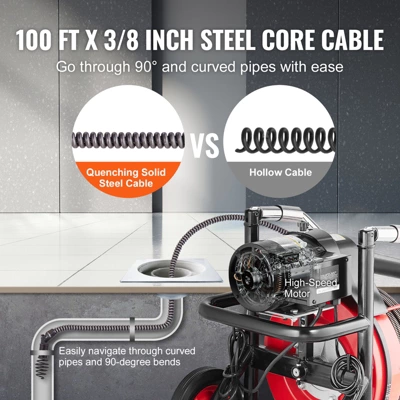 VEVOR Drain Cleaner Machine 100FT X 3/8 Inch, Auto Feed Sewer Snake Auger On Wheels, 370W Portable Drain Cleaning Machine With 8 Cutters, Black 3 VEVOR Drain Cleaner Machine 100FT X 3/8 Inch, Auto Feed Sewer Snake Auger On Wheels, 370W Portable Drain Cleaning Machine With 8 Cutters, Black - Image 3