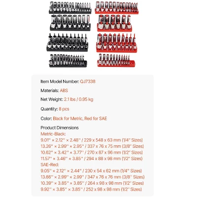 VEVOR Socket Organizer Set, 8PCS High-Rod Socket Holder, 1/4'', 3/8'' & 1/2'' Metric SAE Socket Trays With Clear Labels, Hold Up To 176PCS Standard 7 VEVOR Socket Organizer Set, 8PCS High-Rod Socket Holder, 1/4'', 3/8'' & 1/2'' Metric SAE Socket Trays With Clear Labels, Hold Up To 176PCS Standard - Image 7