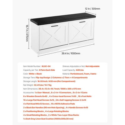 VEVOR Entryway Shoe Storage Bench, 39.4 X 12.0 X 18.7 Inch Shoe Organizer With Flip Drawers, 440lbs Narrow Shoes Rack Bench, Black + White 7 VEVOR Entryway Shoe Storage Bench, 39.4 X 12.0 X 18.7 Inch Shoe Organizer With Flip Drawers, 440lbs Narrow Shoes Rack Bench, Black + White - Image 7