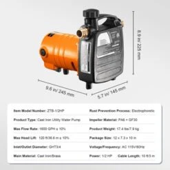 VEVOR Cast Iron Water Transfer Pump, 115V AC 1600 GPH 1/2HP, Portable Electric Utility Pump With Carbon Brush, Black+Orange -Aesthtic Interiors GUEST f666a897 25a4 411a 986d 0f4f3da1f8a5