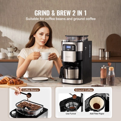 VEVOR Coffee Maker With Grinder, 8 Cup Coffee Machine, Grind And Brew Coffee Maker With 3 Brew Strength Control, 24-Hour Timer For Auto Brew 2 VEVOR Coffee Maker With Grinder, 8 Cup Coffee Machine, Grind And Brew Coffee Maker With 3 Brew Strength Control, 24-Hour Timer For Auto Brew - Image 2