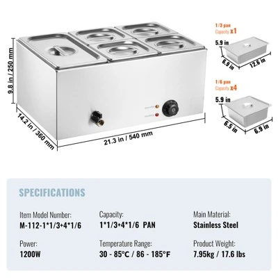 VEVOR 24QT Commercial Food Warmer, 5-Pan Electric Steam Table, 1200W Professional Countertop Stainless Steel Buffet Bain Marie With 86-185°F Temp 7 VEVOR 24QT Commercial Food Warmer, 5-Pan Electric Steam Table, 1200W Professional Countertop Stainless Steel Buffet Bain Marie With 86-185°F Temp - Image 7