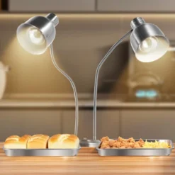 VEVOR Food Heat Lamp, 500W Electric Commercial Food Warmer Light, 2-Head Stainless Steel French Fry Heating Lamp With 3 Bulbs, Silver