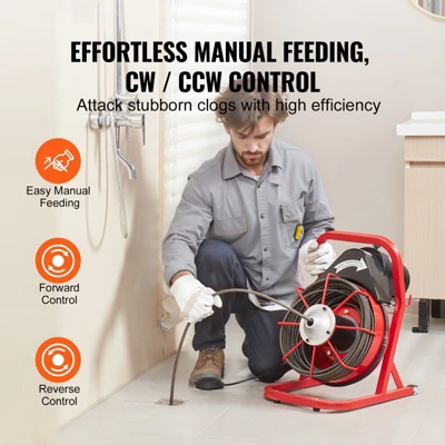 VEVOR Drain Cleaner Machine 75FT X 3/8 Inch, Sewer Snake Auger Manual Feed, 250W Electric Drain Cleaning Machine, Red 2 VEVOR Drain Cleaner Machine 75FT X 3/8 Inch, Sewer Snake Auger Manual Feed, 250W Electric Drain Cleaning Machine, Red - Image 2