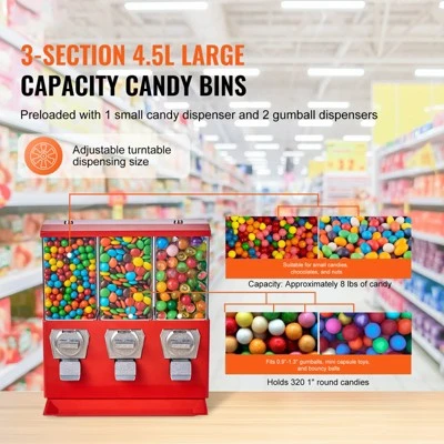 VEVOR Commercial Vending Machine, Triple Compartment Candy Dispenser With Iron Stand, Gumball And Candy Machine For Business, Red 2 VEVOR Commercial Vending Machine, Triple Compartment Candy Dispenser With Iron Stand, Gumball And Candy Machine For Business, Red - Image 2