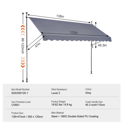 VEVOR 138 X 47" Patio Awning Retractable, Awning Sunshade Shelter With Manual Crank Handle, Outdoor Patio Canopy Sunsetter Deck, Dark Gray 7 VEVOR 138 X 47" Patio Awning Retractable, Awning Sunshade Shelter With Manual Crank Handle, Outdoor Patio Canopy Sunsetter Deck, Dark Gray - Image 7