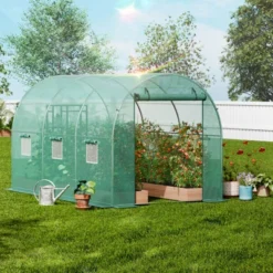 VEVOR Walk-in Tunnel Greenhouse, 9.6x6.4x6.2 Ft Hoop House Greenhouse Tunnel With Galvanized Steel Frame, Green PE Cover, Roll-up Zipper Door
