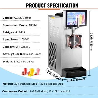 VEVOR Commercial Slushy Machine, 8L / 2.1 Gal Single Bowl, Cool And Freeze Modes, 1050W Stainless Steel Margarita Smoothie Frozen Drink Maker 7 VEVOR Commercial Slushy Machine, 8L / 2.1 Gal Single Bowl, Cool And Freeze Modes, 1050W Stainless Steel Margarita Smoothie Frozen Drink Maker - Image 7