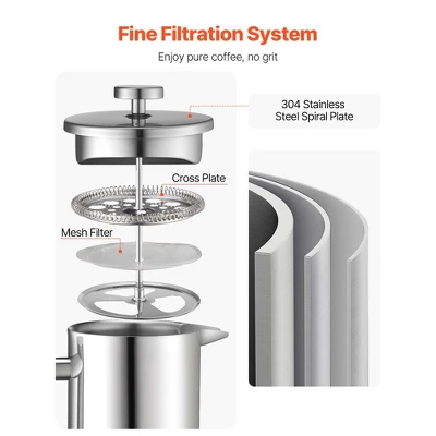 VEVOR French Press Coffee Maker, 51 Ounce 1.5 Liter Stainless Steel Coffee Press Tea Maker With Filter, Silver 3 VEVOR French Press Coffee Maker, 51 Ounce 1.5 Liter Stainless Steel Coffee Press Tea Maker With Filter, Silver - Image 3