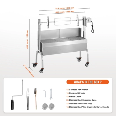 VEVOR Rotisserie Grill With Windscreen, BBQ Whole Pig Lamb Goat Charcoal Spit Grill, 46 Inch 132 Lbs Capacity, Silver 7 VEVOR Rotisserie Grill With Windscreen, BBQ Whole Pig Lamb Goat Charcoal Spit Grill, 46 Inch 132 Lbs Capacity, Silver - Image 7