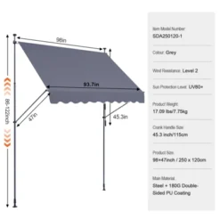 VEVOR 98 X 47" Patio Awning Retractable, Awning Sunshade Shelter With Manual Crank Handle, Adjustable Height From 86 To 122 In, Dark Gray -Aesthtic Interiors GUEST ff4590ff 4b81 45ff 8d6f 40f01d0fa00b