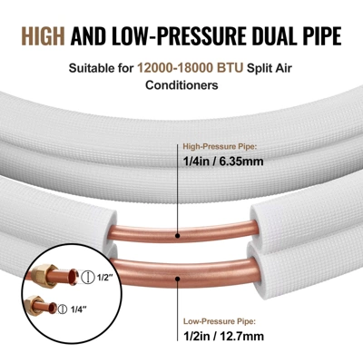 VEVOR 25FT Mini Split Line Set, 1/4" & 1/2" O.D Copper Pipes Tubing And Triple-Layer Insulation, For Mini Split Air Conditioning Refrigerant, White 3 VEVOR 25FT Mini Split Line Set, 1/4" & 1/2" O.D Copper Pipes Tubing And Triple-Layer Insulation, For Mini Split Air Conditioning Refrigerant, White - Image 3