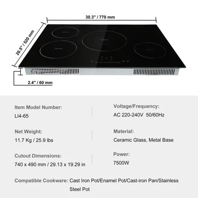 VEVOR Electric Cooktop, 4 Burners, 30'' Induction Stove Top, Built-in Magnetic Cooktop 7500W, 9 Heating Level Multifunctional Burner 7 VEVOR Electric Cooktop, 4 Burners, 30'' Induction Stove Top, Built-in Magnetic Cooktop 7500W, 9 Heating Level Multifunctional Burner - Image 7