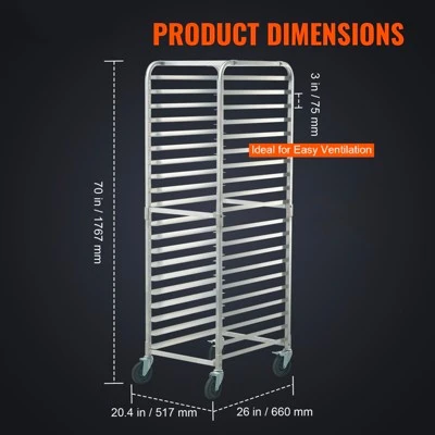 VEVOR Bun Pan Rack, 20-Tier Commercial Bakery Racks With Brake Wheels, Aluminum Racking Trolley Storage For Half & Full Sheet, 26"L X 20.4"W X 70"H 3 VEVOR Bun Pan Rack, 20-Tier Commercial Bakery Racks With Brake Wheels, Aluminum Racking Trolley Storage For Half & Full Sheet, 26"L X 20.4"W X 70"H - Image 3